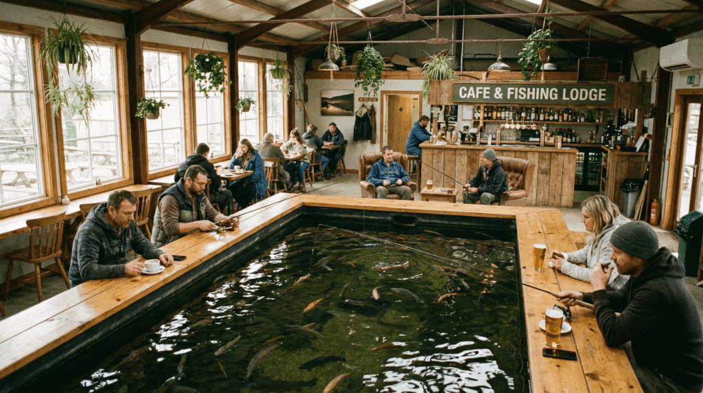 カフェスペースと釣り堀が一体になった店舗