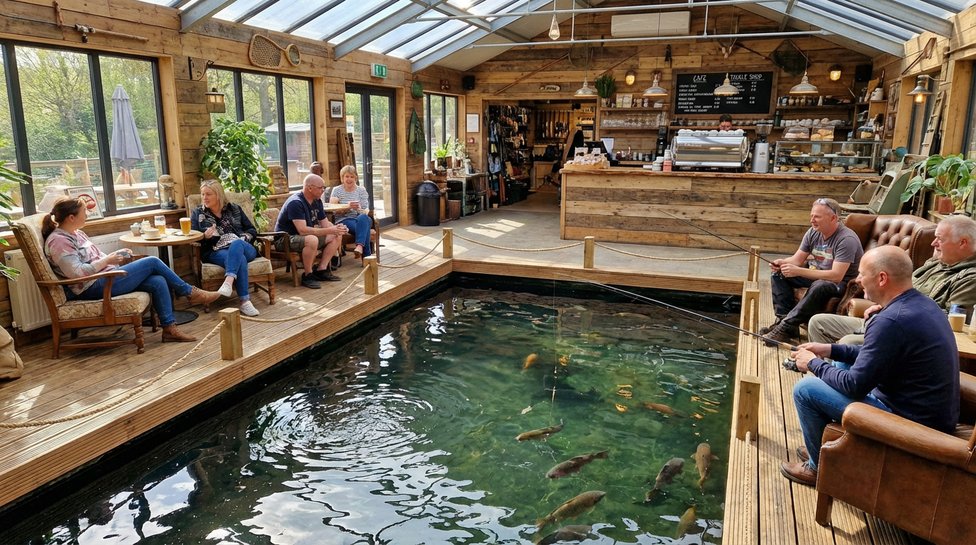 カフェスペースと釣り堀が一体になった店舗